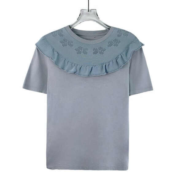 Miu Miu Light Blue Lotus Leaf Lace Cutout Round Neck Short-Sleeve T-Shirt Size S - Picture 1 of 8